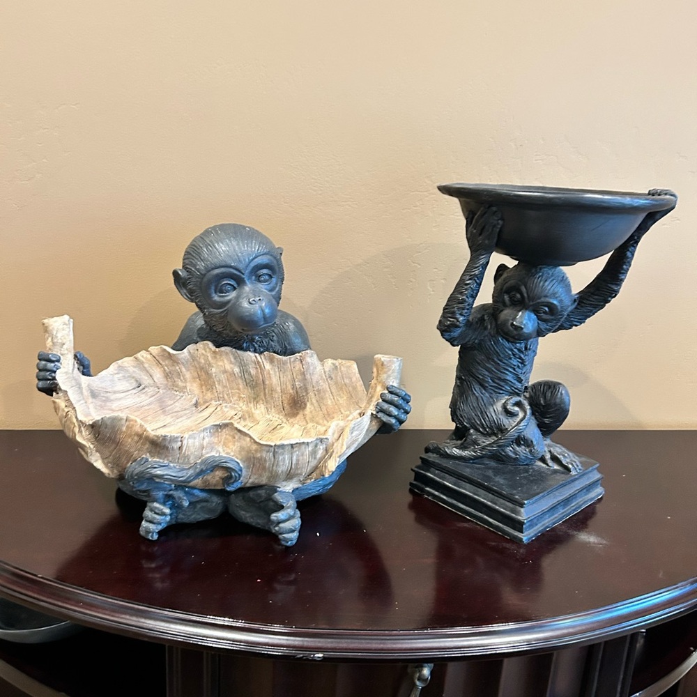 Decorative Monkey Bowl and Planter Sculptures - Black and Tan